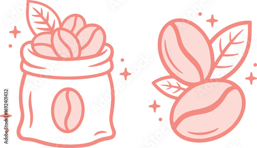 Coffee pink beans inside burlap bag cute girly preppy coquette whimsical aesthetic outline drawing logo. Retro vintage magical caffeine plant theme printable flat design sticker isolated clipart.