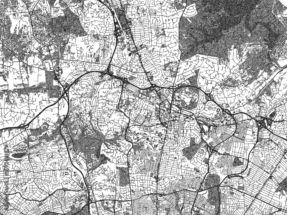Obraz premium Black and white illustration map of Towson, Maryland, showing its detailed urban layout in a hand-drawn style.