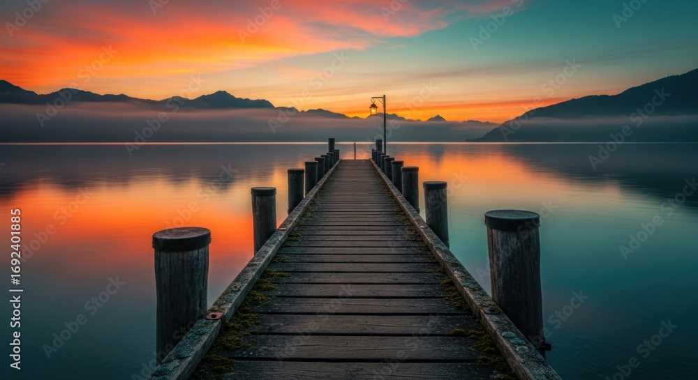 Fototapeta premium Serene Sunrise over Lake, Wooden Pier Extends to Horizon