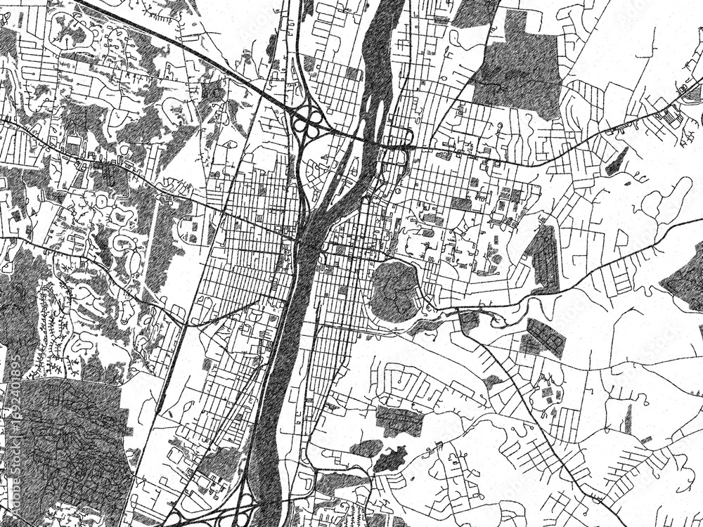 Naklejka premium Hand-drawn style black and white city map of Troy New, York, showing its urban design in an artistic layout.