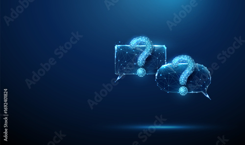 Blue futuristic chat bubbles with question marks. AI-powered chatbots, automated customer support, real-time response systems, intelligent assistance concept.