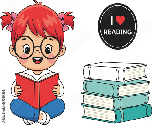 Cartoon child reading book, educational illustration, literacy theme, love for reading, student character, school concept, learning, study, classroom