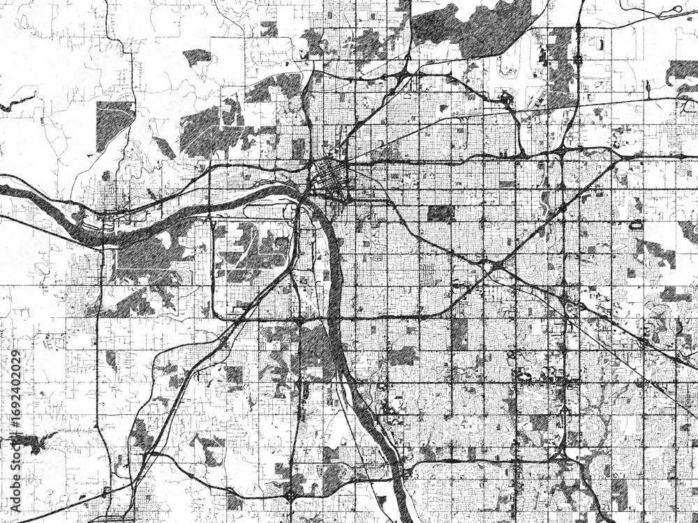 Naklejka premium Minimalist map of Tulsa, Oklahoma, illustrated in black and white with a bold street grid and shaded parks.