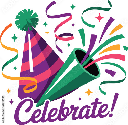 Festive celebration party hat and popper isolated on transparent background