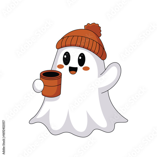Cute ghost in a beanie holding a mug.
