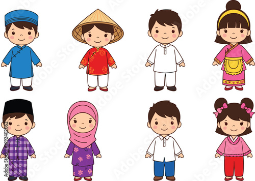 Cartoon children in traditional clothing, cultural diversity illustration, ethnic outfits, heritage fashion, global unity, multicultural kids, costume set