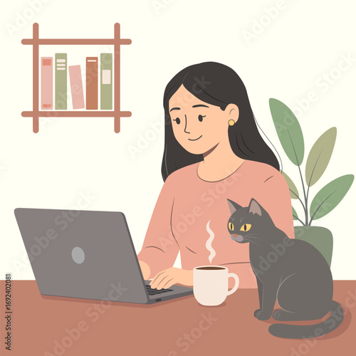 Woman working on laptop at home office desk with cat and coffee illustration