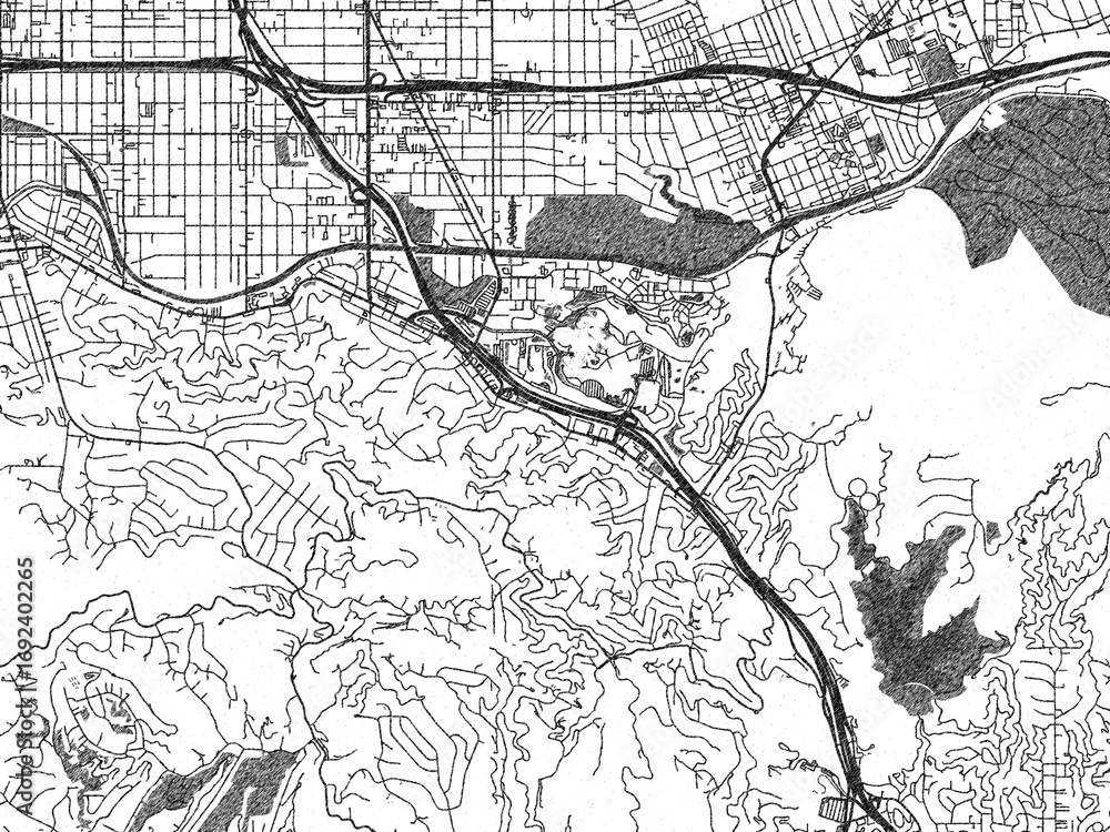Fototapeta premium Stylized illustration of Universal City, California, showing its roads and neighborhoods in sketch-like black and white.