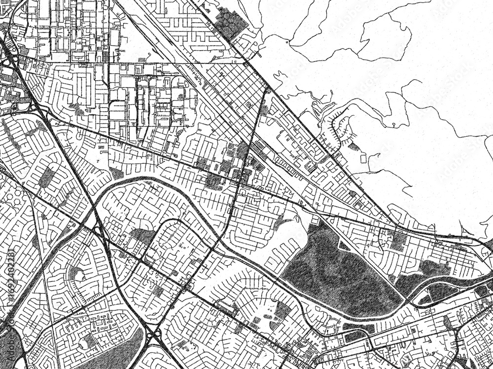 Fototapeta premium Sketch-style city map of Union City, California, in monochrome black and white, perfect for wall art and editorial use.