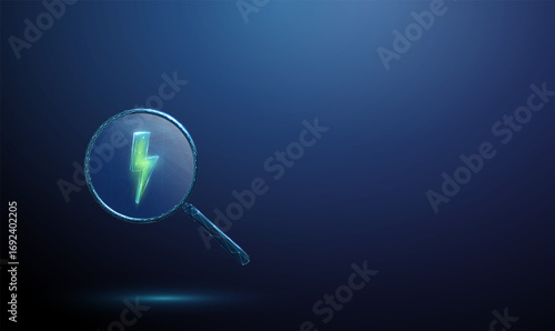 Green lightning bolt inside a magnifying glass. Energy, electricity, power, renewable energy, sustainability, clean energy analysis concept.