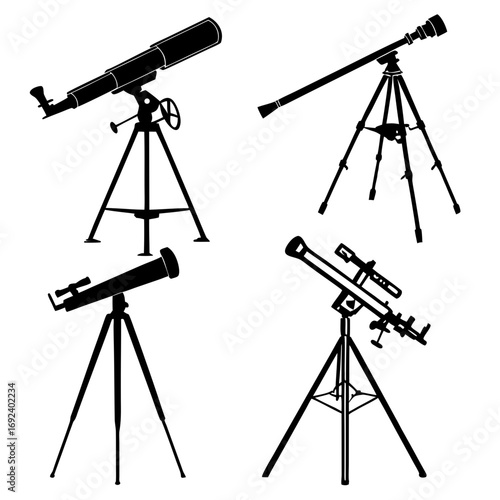 Four distinct silhouette illustrations of astronomical telescopes mounted on tripods showcasing different designs and sizes for stargazing and scientific observation