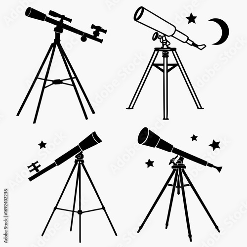 Collection of four black silhouette illustrations of telescopes on tripods some with stars and a crescent moon representing astronomy and stargazing
