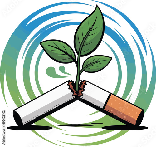 New growth sprouts from broken cigarette symbolizing quitting smoking isolated on transparent background