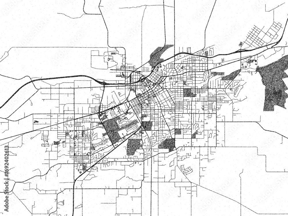 Fototapeta premium Decorative map of Walla Walla, Washington, in hand-drawn digital style, balancing urban detail with a monochrome look.