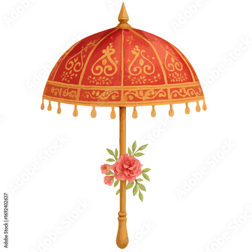 A royal red and gold umbrella with tassels Isolated on Transparent PNG Background- Watercolour Art