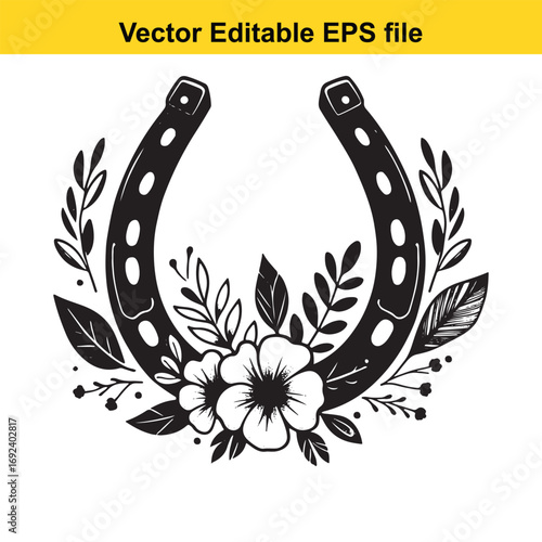 Horseshoe with flowers and leaves isolated on white background