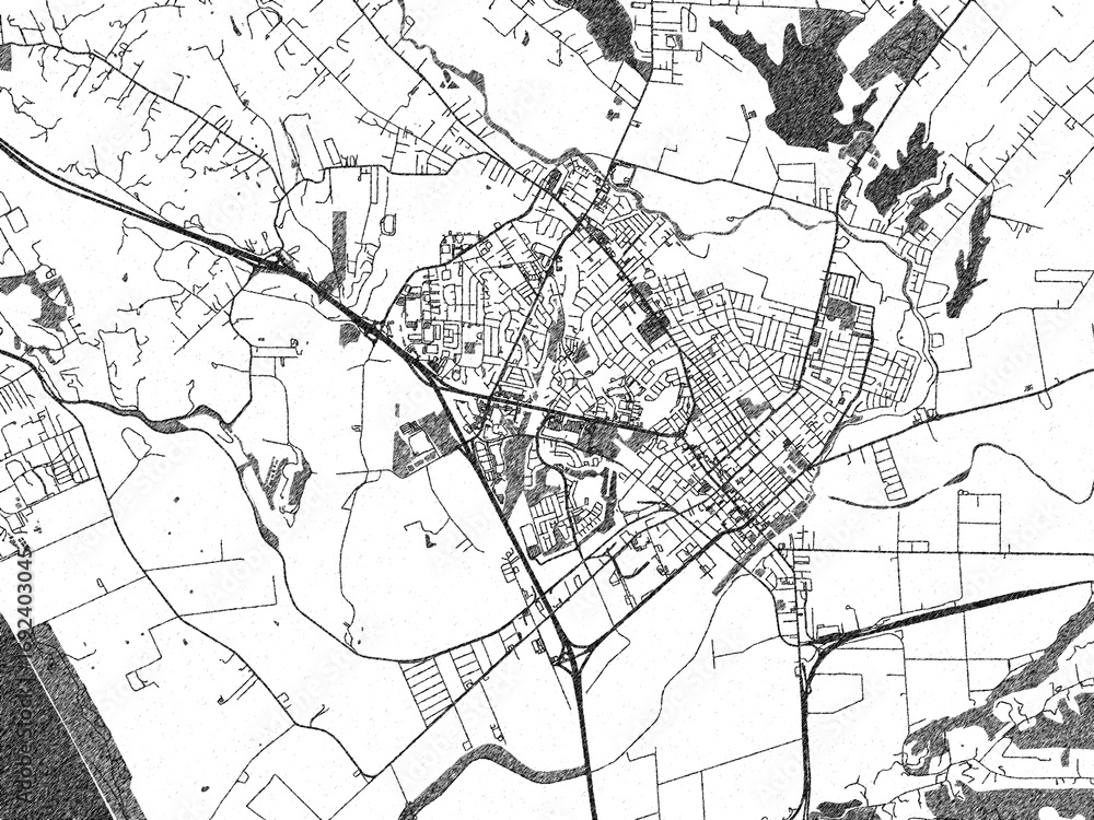 Fototapeta premium Minimalist map of Watsonville, California, illustrated in black and white with a bold street grid and shaded parks.
