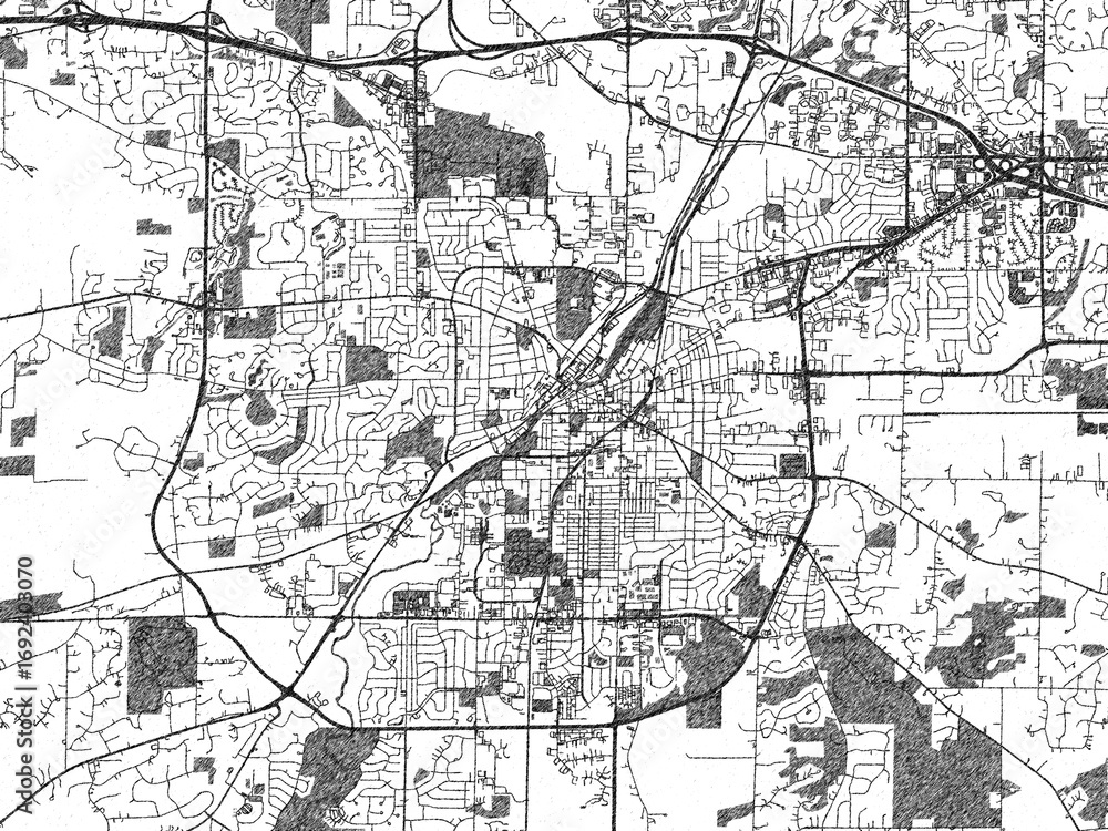 Naklejka premium Illustrated city map of Waukesha, Wisconsin, in black and white, combining detailed grids with shaded textures.