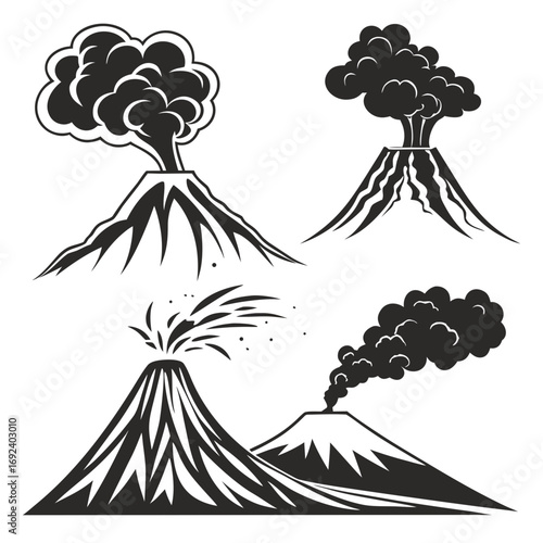 Collection of stylized black and white volcano eruption icons depicting smoke ash and lava flows representing geological activity and natural disasters