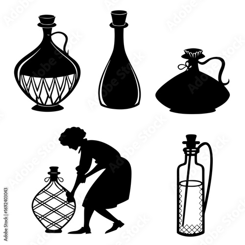 Collection of vintage glass bottles and a silhouette of a woman tending to a large decorative bottle evoking a sense of history and traditional craftsmanship