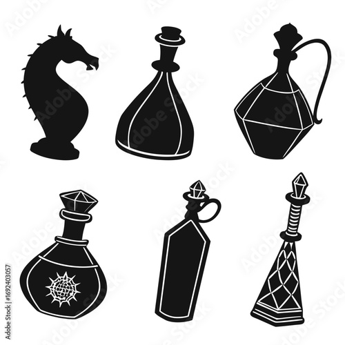 Collection of six black silhouette illustrations featuring fantasy potion bottles a dragon head and a crystal topped wand on a white background