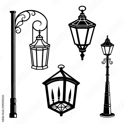 Collection of decorative black silhouette vintage street lamps and lanterns with ornate details isolated on a white background evoking old world charm and classic design