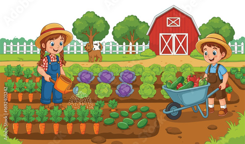 Cartoon farm scene with children, gardening activity, vegetable harvest, red barn, dog, healthy food, agriculture illustration, outdoor lifestyle