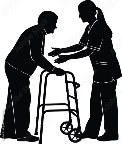 Silhouette of caregiver helping elderly person with walker, representing senior care, nursing support, rehabilitation, and assisted living healthcare services.