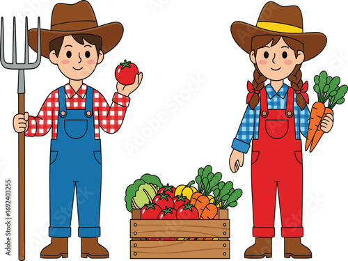 Cartoon farmers with vegetables, agriculture illustration, healthy food production, farm characters, harvest scene, organic produce, rural lifestyle, farming concept