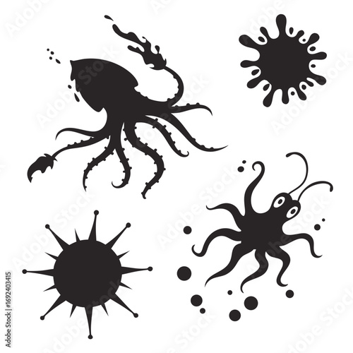 Collection of black silhouette illustrations featuring a squid a playful octopus a spiky star like object and ink splatters on a white background