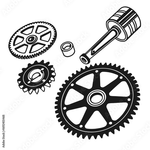 A collection of mechanical components including gears a piston and a cylindrical bearing presented in a clean black and white graphic illustration style isolated on a white background