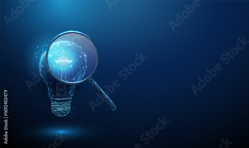 Blue 3d light bulb under a magnifying glass. Idea analysis, innovation, creativity, problem-solving, insight, solution development concept.