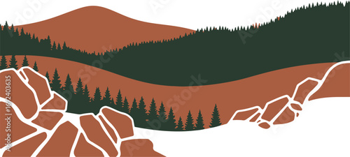 Stylized mountain landscape illustration in earthy tones with pine trees and rocks adding depth