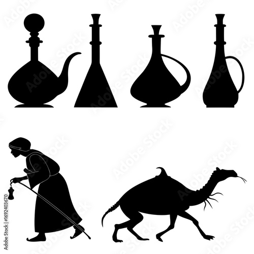 Silhouette of ancient middle eastern desert scene featuring a man with a cane and lantern walking beside a camel and various ornate bottles and jars