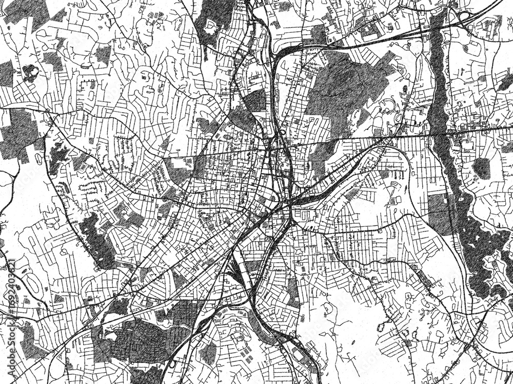 Naklejka premium Monochrome map illustration of Worcester, Massachusetts, with hand-drawn style textures highlighting its streets and rivers.
