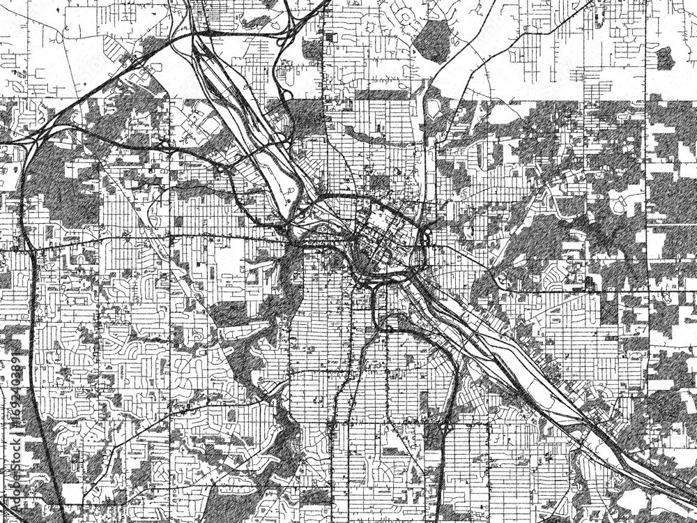 Obraz premium Black and white map of Youngstown, Ohia, designed in a digital hand-drawn style, highlighting roads, parks, and rivers.