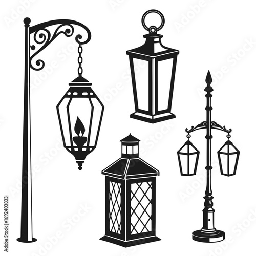 Collection of vintage and ornate black silhouette lanterns and lampposts including a hanging lantern with flame a tall street lamp with multiple lights and various decorative outdoor lighting fixtures