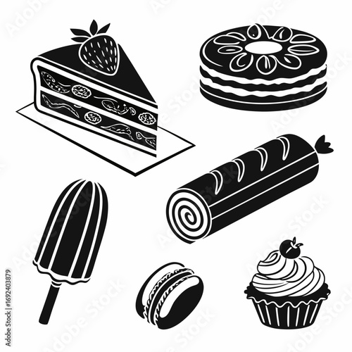 A collection of delicious baked goods and desserts including a slice of cake a round cake a swiss roll a popsicle a macaron and a cupcake all in a simple black and white silhouette style
