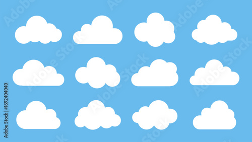 Collection of white cloud shapes vector isolated on sky blue background. Cloud icon set.