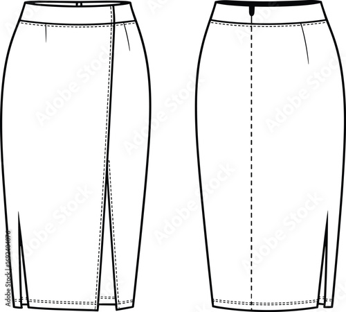 Asymmetrical Pencil Skirt Fashion Flat | Women’s Wrap Midi Skirt Tech Sketch | Front & Back Vector Template | Skirt CAD Drawing