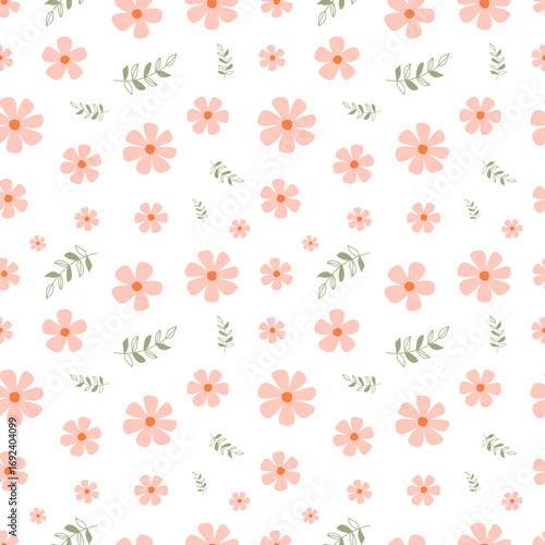 Seamless pattern with peach flowers and green leaves on white background.