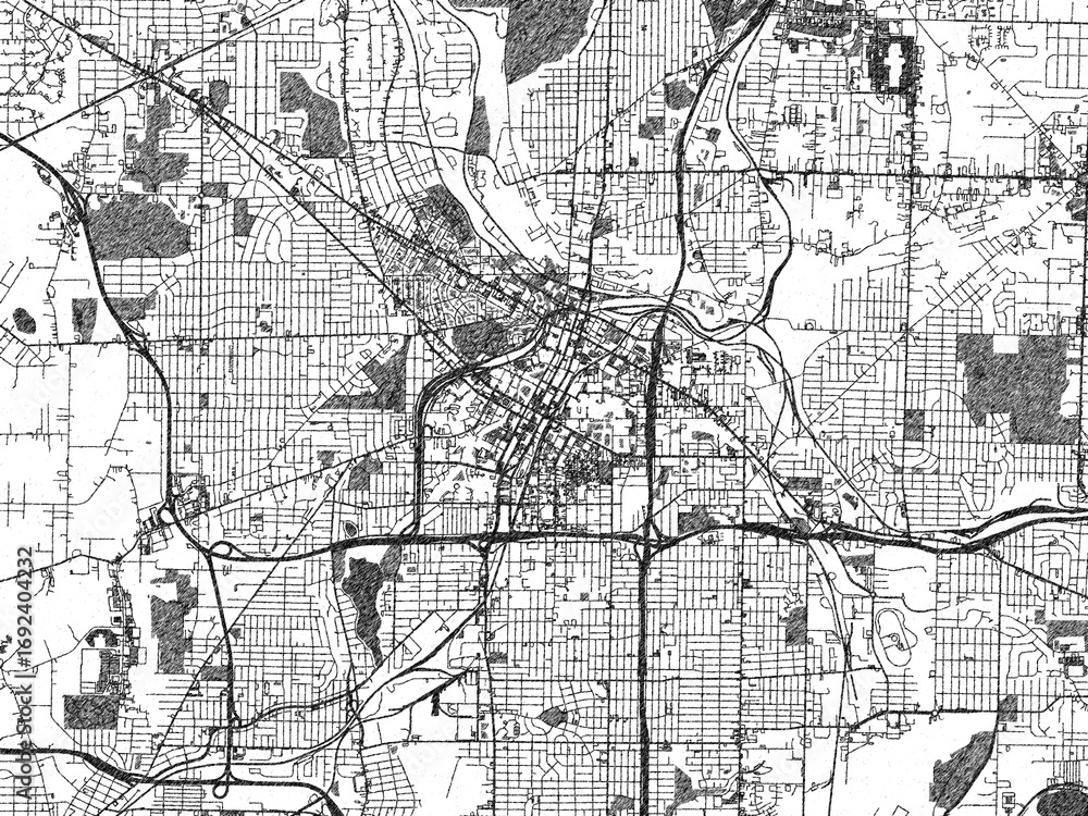 Naklejka premium Monochrome map illustration of Akron, Ohio, with hand-drawn style textures highlighting its streets and rivers.