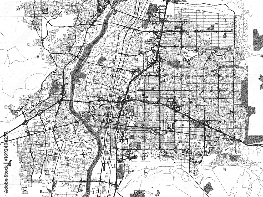 Naklejka premium Black and white map of Albuquerque New, Mexico, designed in a digital hand-drawn style, highlighting roads, parks, and rivers.