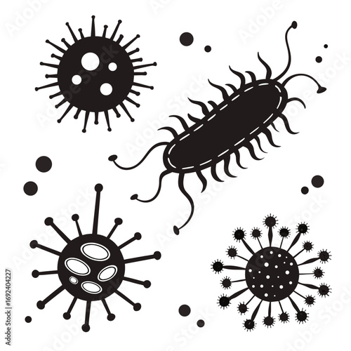Stylized black and white illustration of various microscopic organisms including bacteria and viruses with spiky or round shapes and flagella against a clean white background