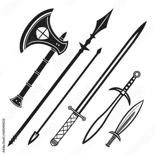 A collection of stylized black silhouette icons representing various medieval weapons including axes spears and swords on a white background