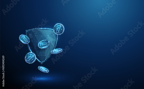 Blue 3d shield with falling coins. Financial protection, investment security, risk management, wealth preservation, economic stability concept.