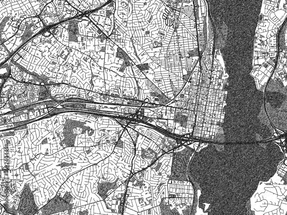 Fototapeta premium Illustrated monochrome map of Alexandria, Virginia, created in a hand-drawn digital style for decorative and editorial use.