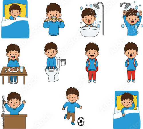Child daily routine cartoon, morning to night activities, hygiene, study, play, sleep, healthy habits, educational sequence, lifestyle illustration