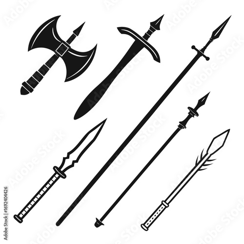 Collection of medieval weapons silhouettes including a double headed axe a sword and various spears and polearms on a white background