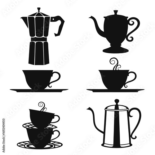 Collection of black silhouette icons representing different coffee and tea brewing and serving vessels including moka pots teapots and cups on saucers
